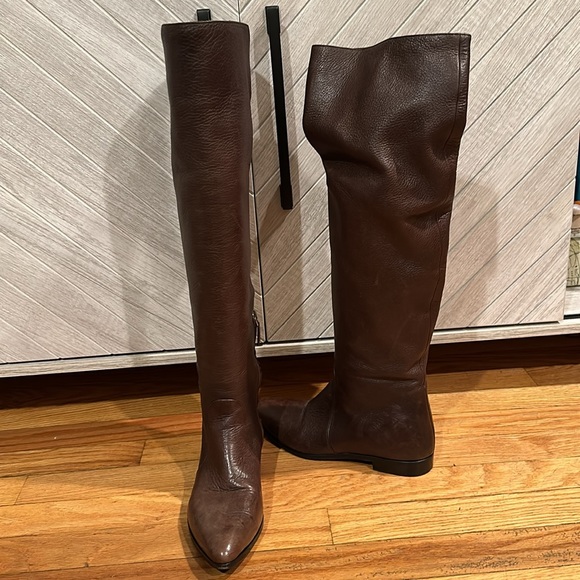 Prada brown leather slouch pointed toe knee high boots